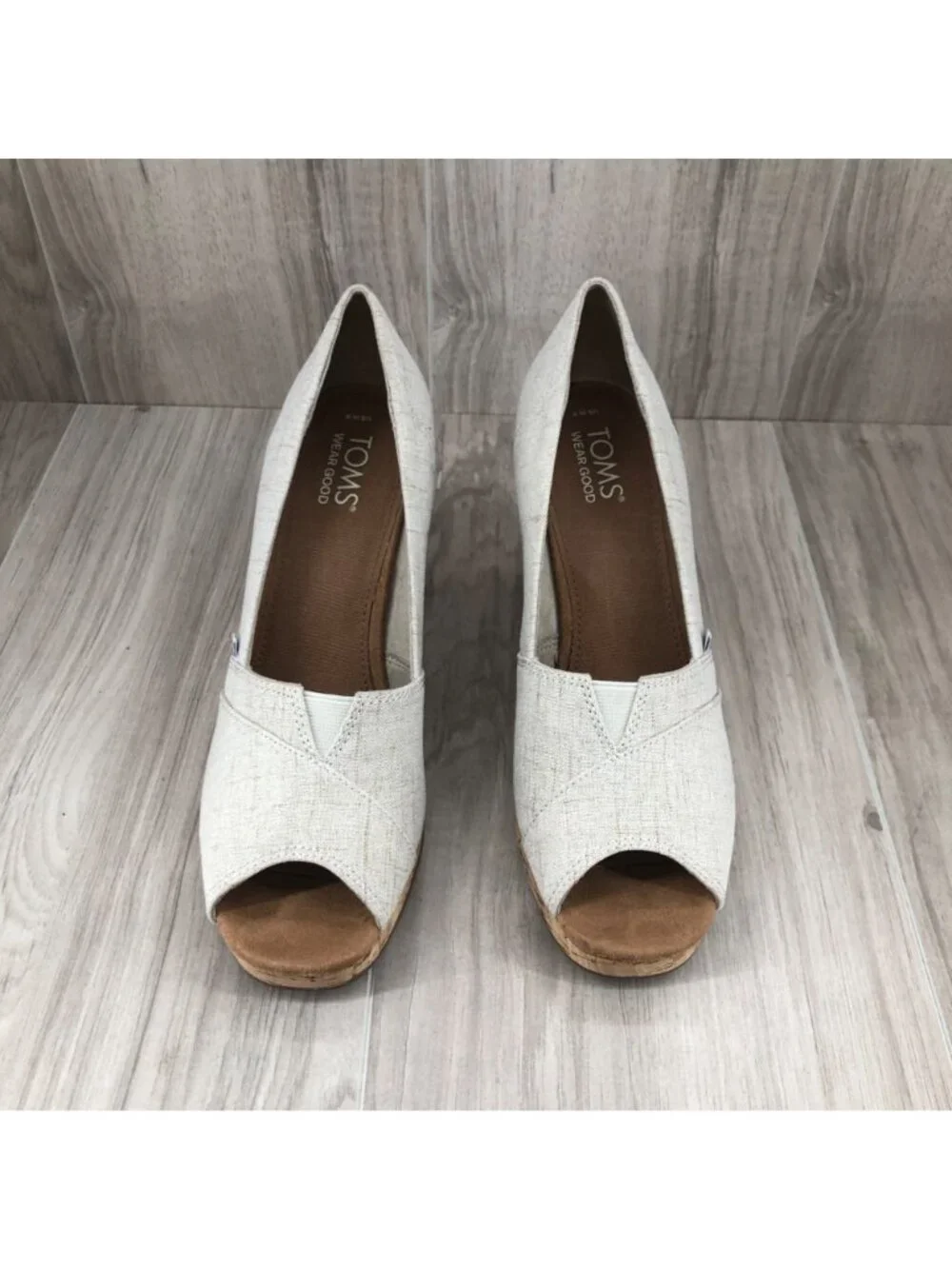 Toms Wedges Womens 8 Tan Slip On Peep Toe Cork Wedge Shoes